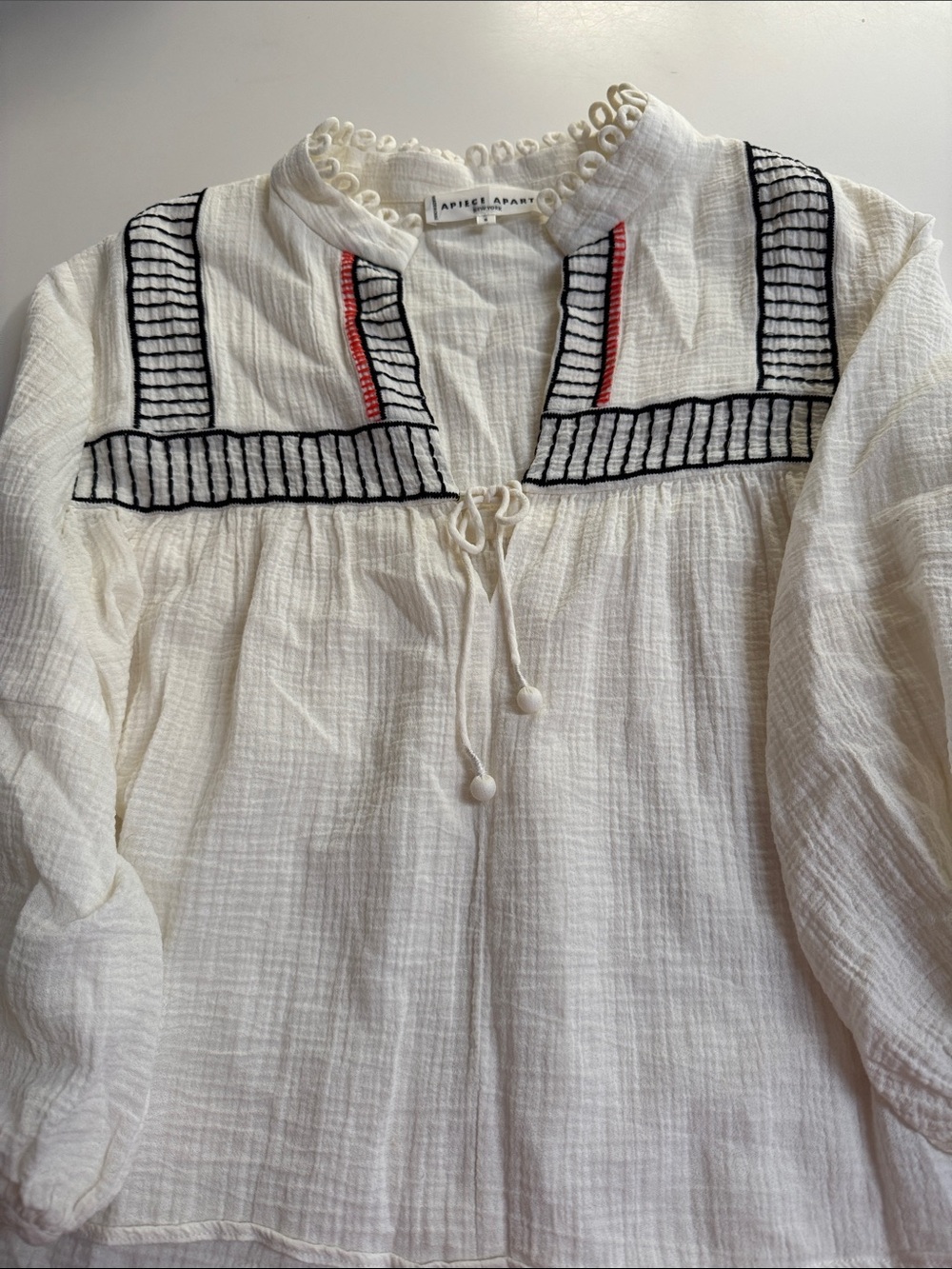 Apiece Apart White Gauze Peasant Blouse with Black & Red Embroidery - Picture 4 of 5
